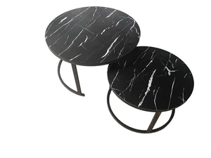 זוג שולחנות לסלון עגולים דגם רויאל דמוי שיש שחור